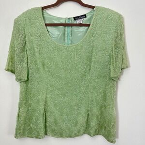 L'Pogee Beaded Silk Top‎ Party Cocktail Blouse Green Embellished 1X